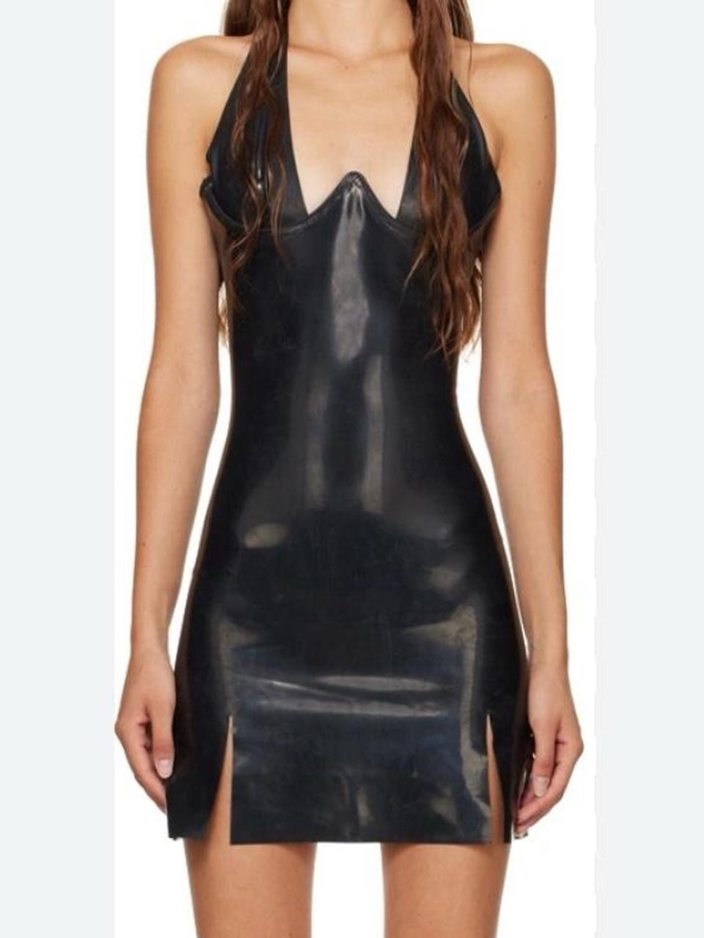 Miaou Cara Black Latex V-Cut Halter Mini Dress with Front Slits